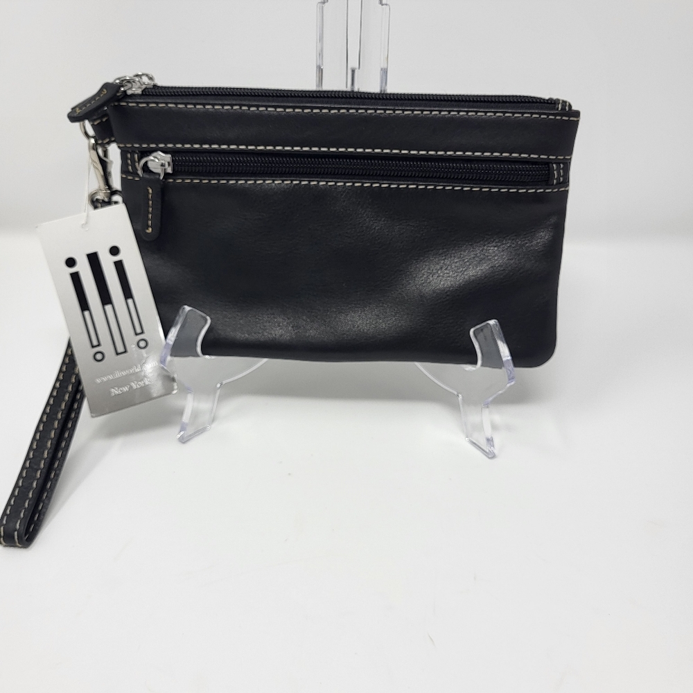 iliworld NEW YORK Women's Genuine Leather Double Zipper Wristlet Black w…